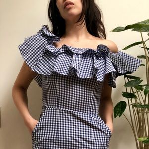H&M Blue gingham one shoulder dress